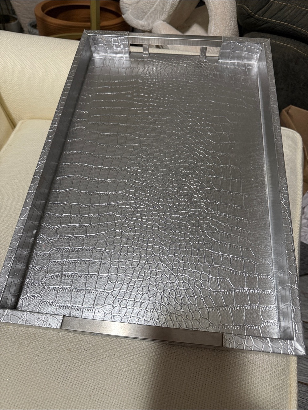 Croc-Embossed Metallic Serving Tray in Silver - Home Accents